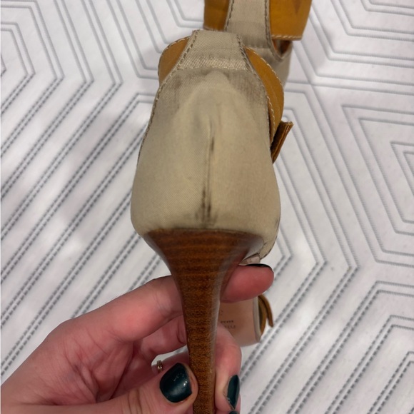 Miu Miu | Peep-Toe Orange/Tan Heeled Sandals | Size 38 (US 7.5) | 3.75” - Picture 7 of 8